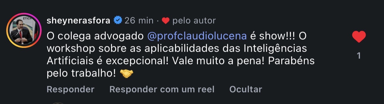 Comentário de @sheynerasfora elogiando o workshop