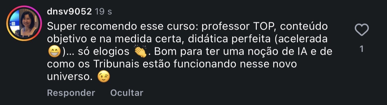 Depoimento de participante recomendando o curso